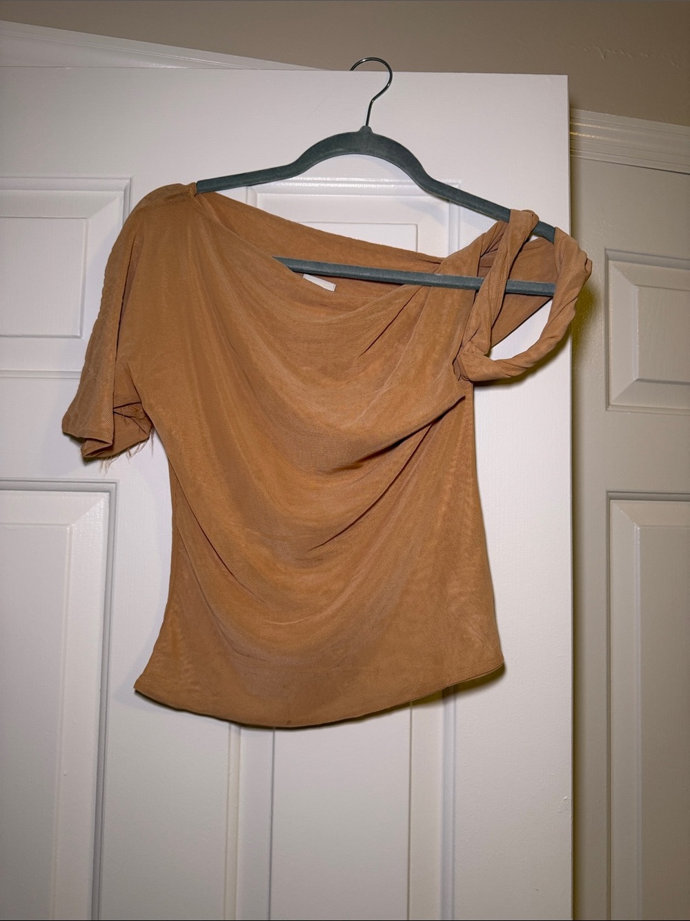 KHY Asymmetric One-Shoulder Draped Crop Top in Tan